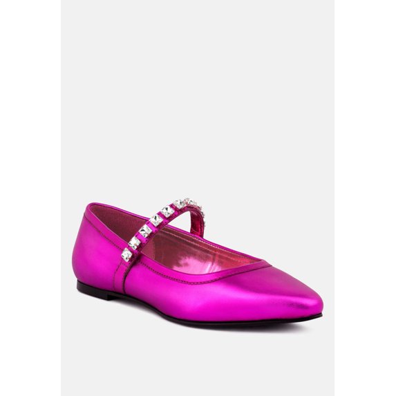 ALVERNO Metallic Diamante Mary Jane Leather Flats In Fuchsia