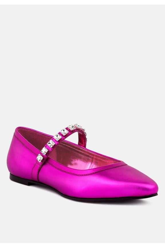 ALVERNO Metallic Diamante Mary Jane Leather Flats In Fuchsia