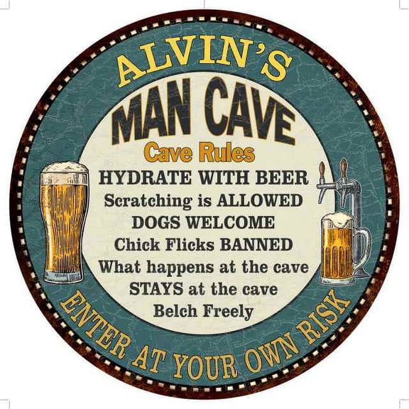 ALVIN'S Man Cave Rules 14" Round Metal Sign Garage Wall Decor 100140009121