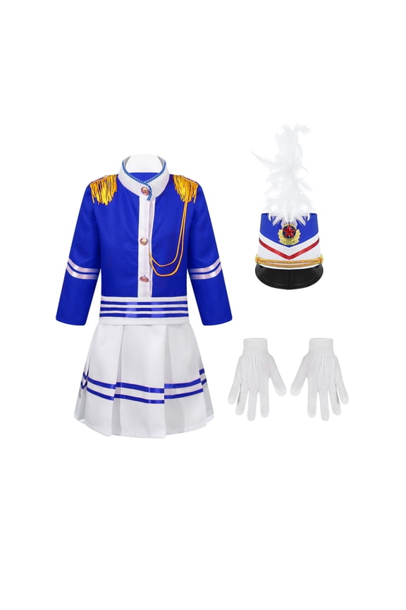 Unisex Girls Boys Marching Band Costume Uniform Sets Jacket Pants Mini Skirt Gloves Hat Outfit Royal Blue B 9-10