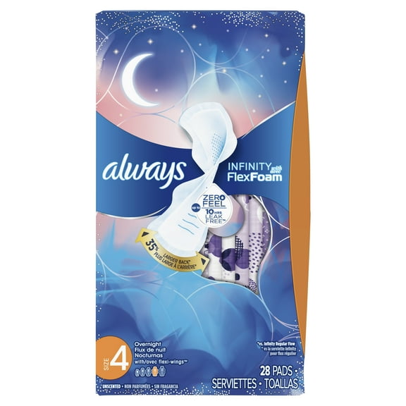 ALWAYS Infinity, Size 4, Overnight Sanitary Pads with Wings, Unscented, 28 Count