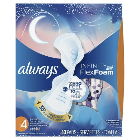 ALWAYS Infinity, Size 4, Overnight Sanitary Pads with Wings, Unscented (Choose Count)