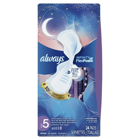 ALWAYS Infinity, Size 5, Extra Heavy Overnight Sanitary Pads with Wings, Unscented, 24 Count