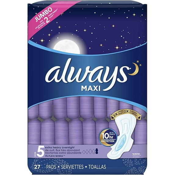 ALWAYS Maxi Size 5 Extra Heavy Overnight Pads With Wings Unscented, 27 Count
