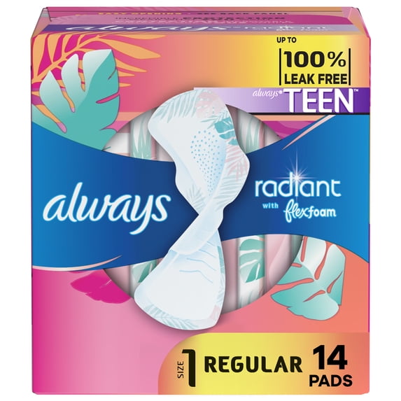Always Radiant Teen Regular Pads with Wings, Unscented, 14 Count