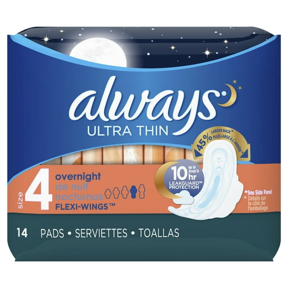 ALWAYS Ultra Thin Size 4 Overnight Pads With Wings Unscented, 14 Count