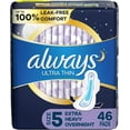 thumbnail image 1 of ALWAYS Ultra Thin Size 5 Extra Heavy Overnight Pads With Wings Unscented, 46 Count, 1 of 5