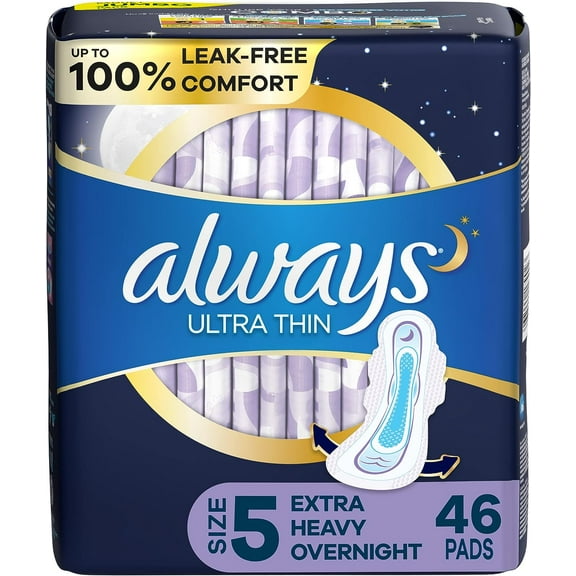 ALWAYS Ultra Thin Size 5 Extra Heavy Overnight Pads With Wings Unscented, 46 Count