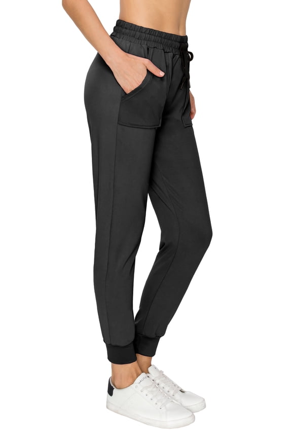 Women Jogger Sweatpants - Super Soft Stretch Lightweight Drawstrings Pants with Pork Chop Pockets Black L