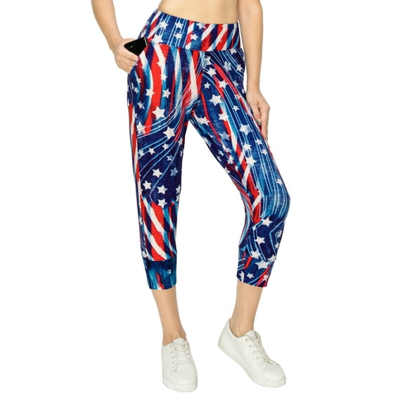 ALWAYS Women's Slimfit Super Soft Highwaisted Capri Joggers with Pockets American Flag XX-large