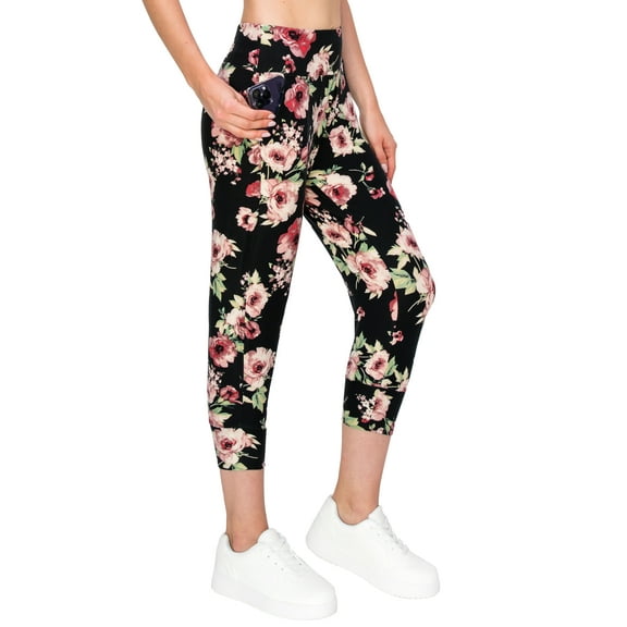 ALWAYS Women's Slimfit Super Soft Highwaisted Capri Joggers with Pockets Floral 1882 Black Large