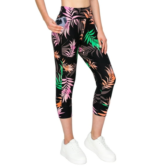 ALWAYS Women's Slimfit Super Soft Highwaisted Capri Joggers with Pockets Tropical 1777 Black Green Large