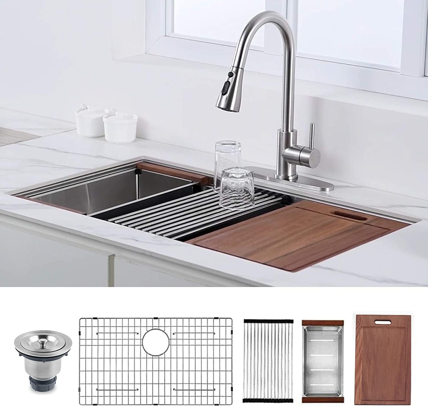 ALWEN 30 x 19 x inch Undermount 18 Gauge Stainless Steel Workstation  Single Bowl Kitchen Sink