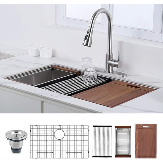 ALWEN 30 x 19 x 9 inch Undermount 18 Gauge Stainless Steel Workstation Single Bowl Kitchen Sink
