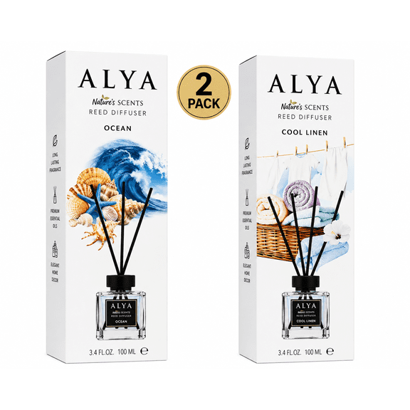 ALYA Reed Diffuser 2 Pack, Ocean & Cool Linen, 100 mL Each, Fresh Clean Home Fragrance Set