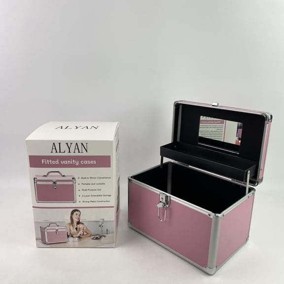 ALYAN Fitted vanity cases,Makeup Box with Mirror 2-Layer Portable Extendable Makeup Case Organizer with Lock Protective Make up Storage for Travel Cosmetologist