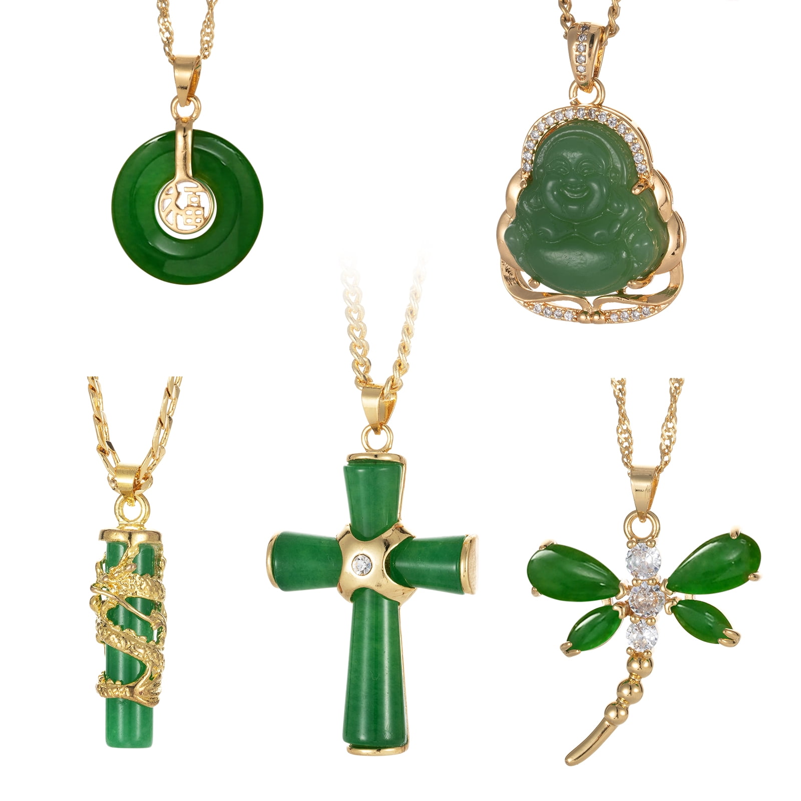 ALYXUY 5Pcs Green Jade Buddha Pendant Necklace Set Cross Dragon Dragonfly Round Plated Pendant Necklace