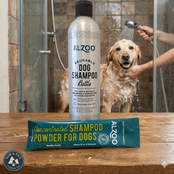 ALZOO Reusable Dog Shampoo Bottle & Vanilla Powder Shampoo Bundle Set