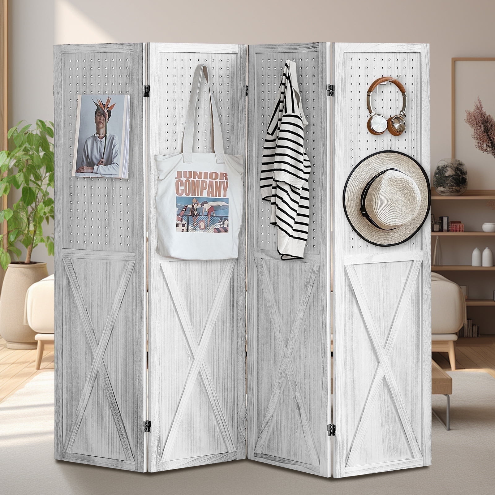 Aletheiawu 4 Panel Wood Room Divider, Folding Privacy Screens,No Installation Required, White