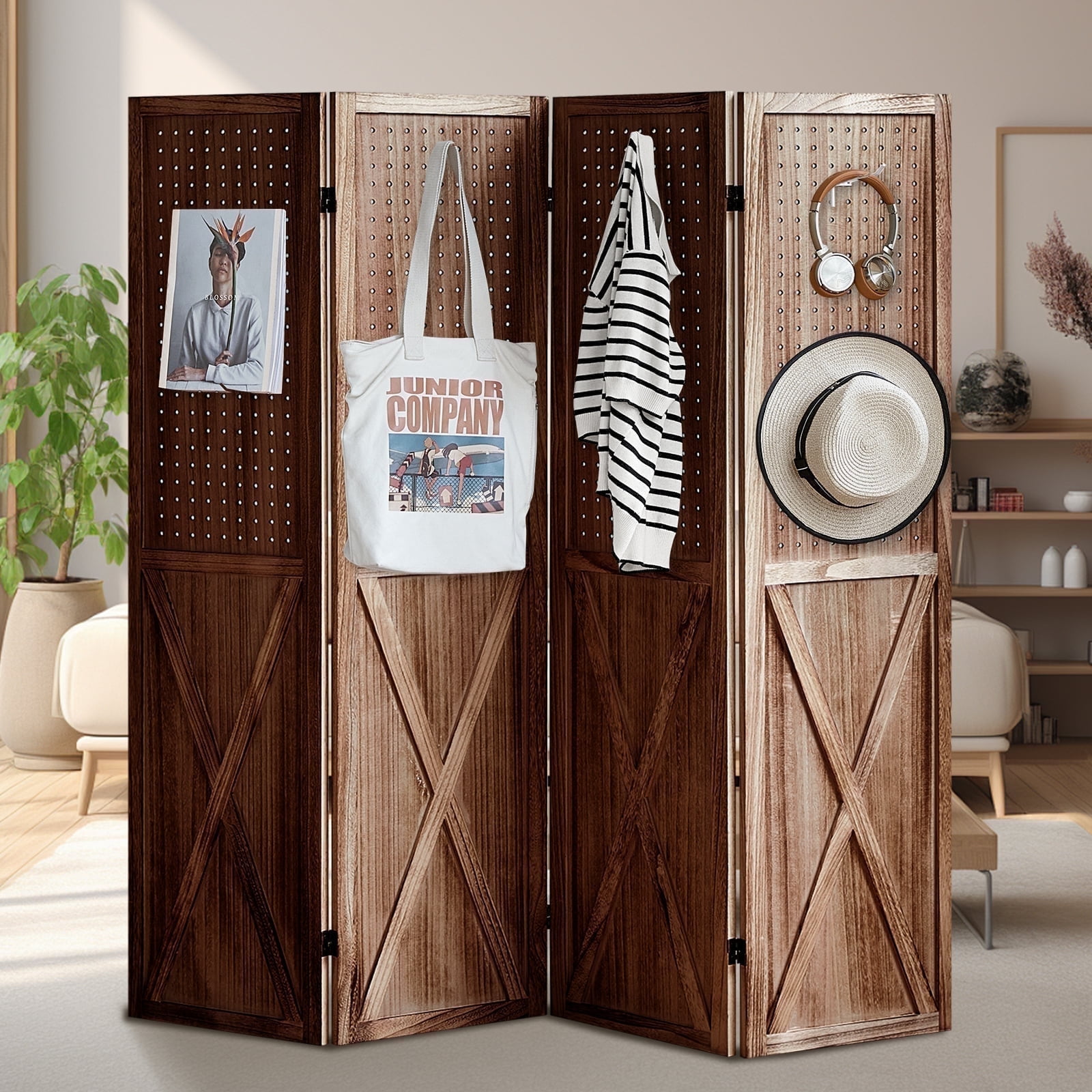 Aletheiawu 4 Panel Wood Room Divider Folding Privacy Screens, No Installation Required, Retro Brown