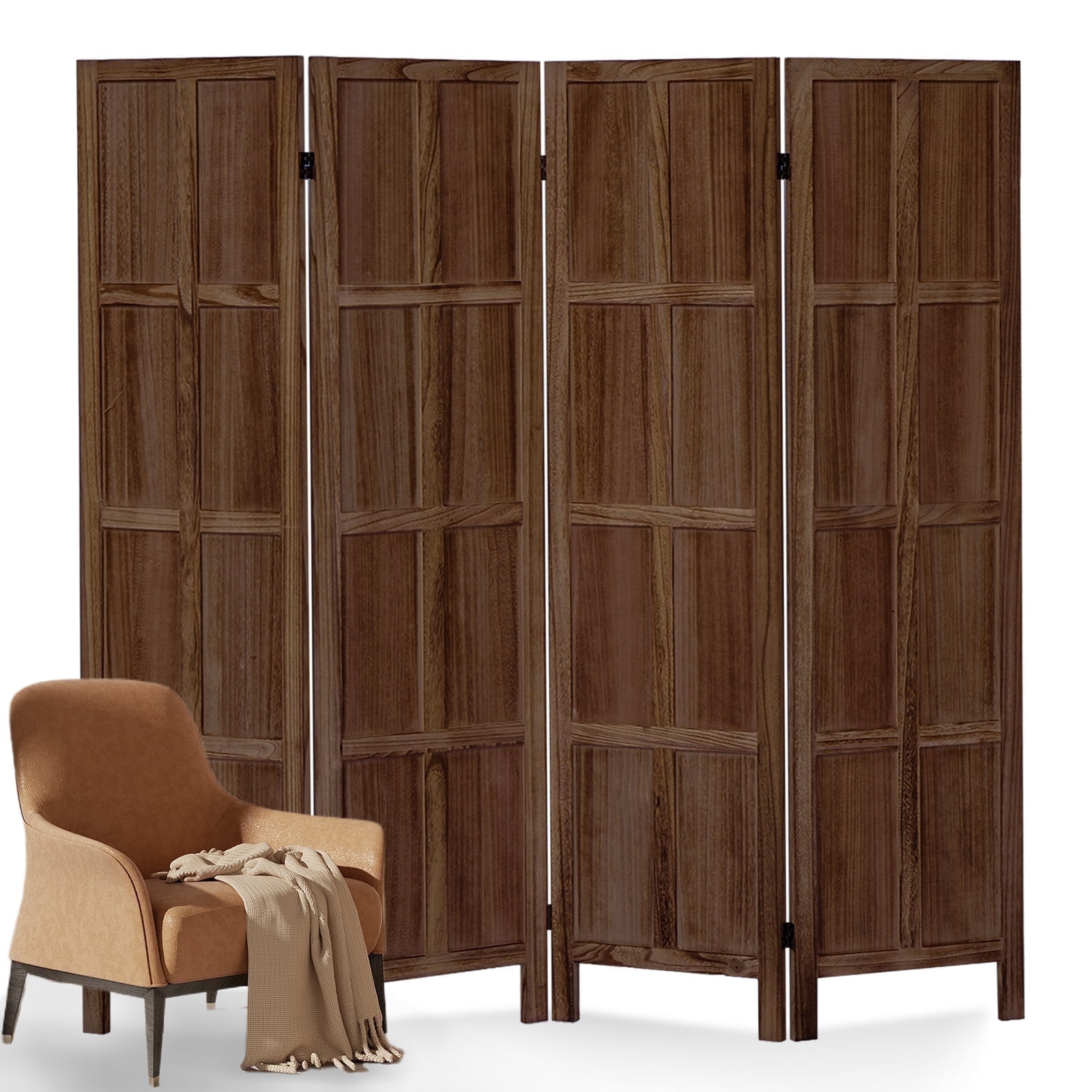Aletheiawu 4 Panel Room Divider Wall Folding Privacy Screens, No Installation Required，Dark Brown