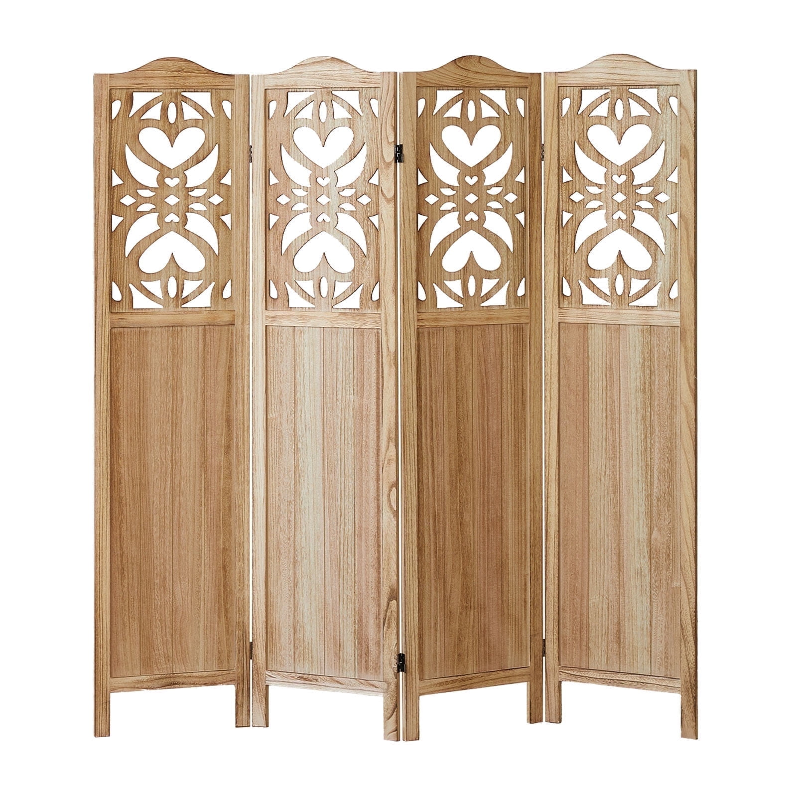 Aletheiawu 4 Panel Wood Carved Room Divider and Folding Screen, No Installation Required，Light Brown