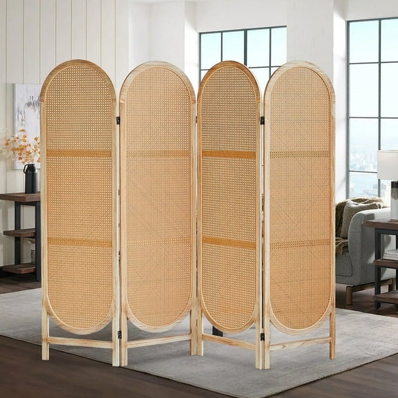 ALeesing 4 Panels Room Divider, Rattan Folding Privacy Screens,No Installation Required, Light Brown