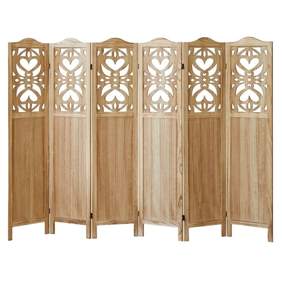 Aletheiawu 6 Panel Wood Carved Room Divider and Folding Screen, No Installation, Light Brown