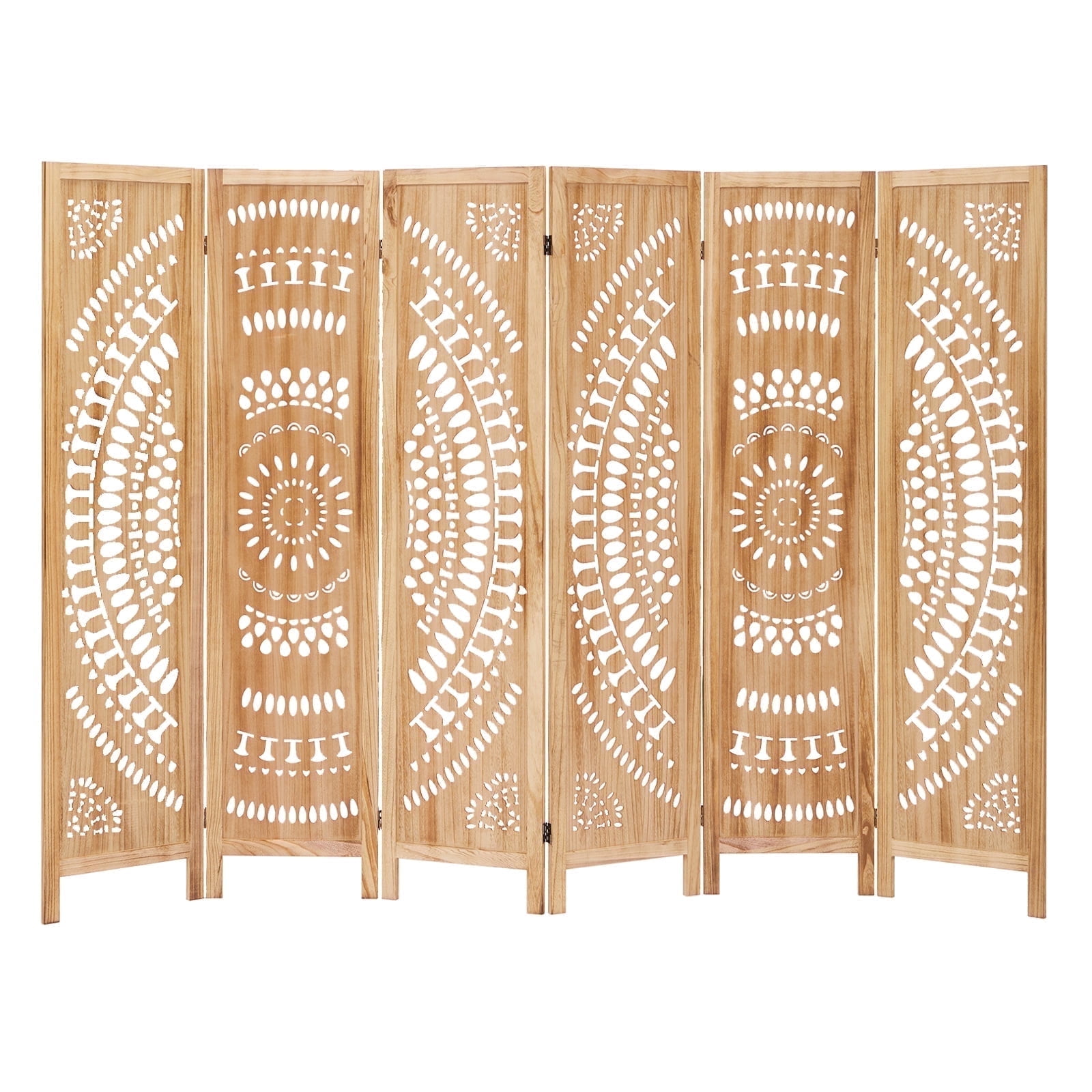 Aletheiawu 6 Panel Wood Carved Room Dividers, Folding Screens, No Installation Required, Light Brown