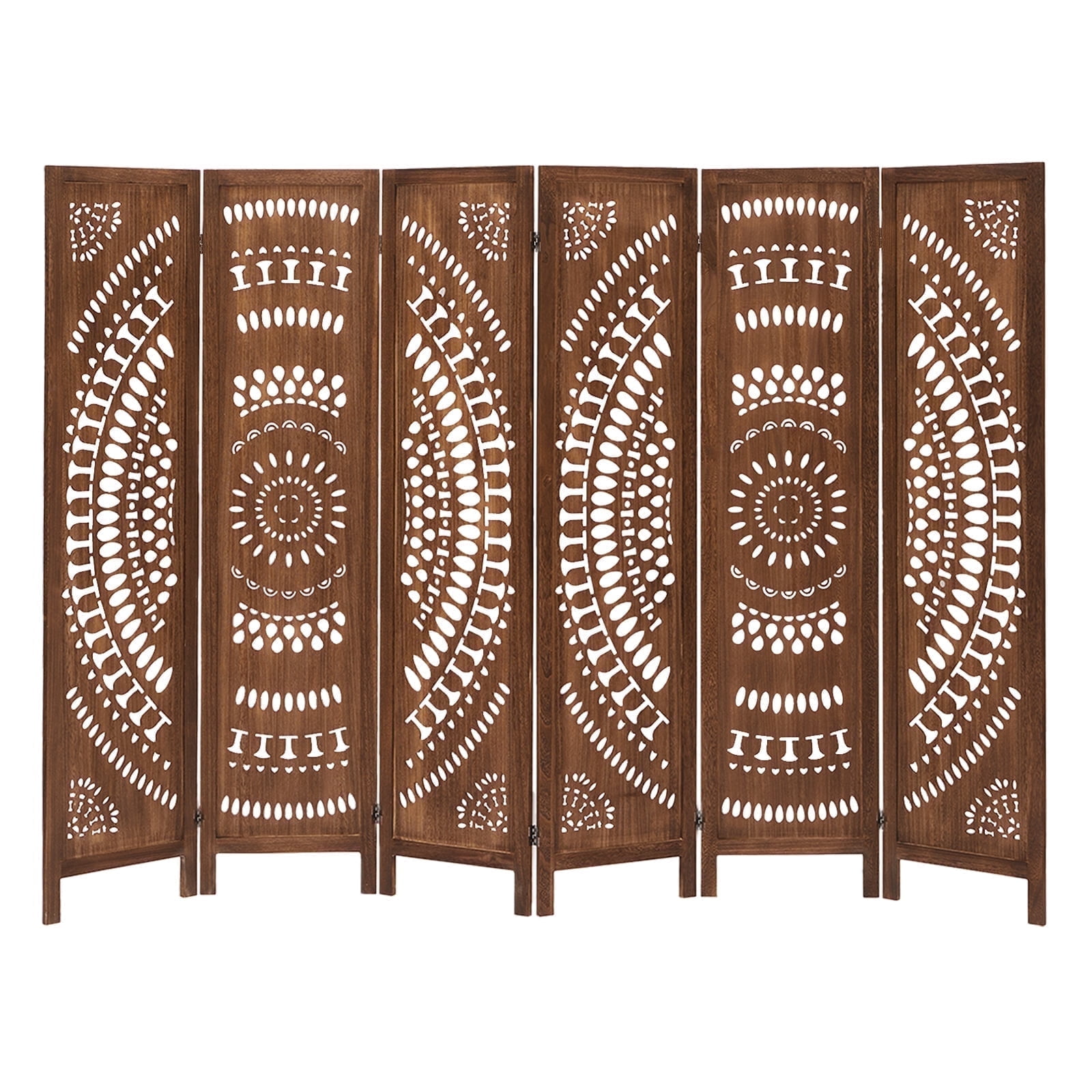 Aletheiawu 6 Panel Wood Carved Room Dividers and Folding Screens, No Mounting Require, Dark Brown