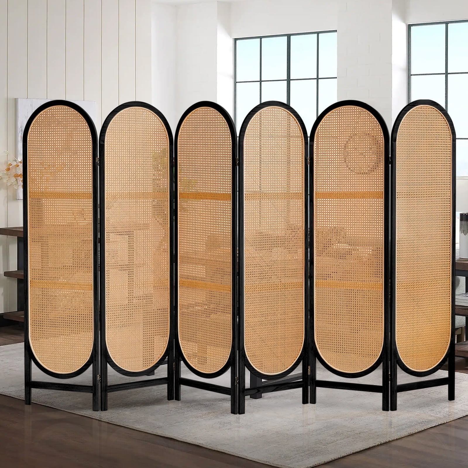 ALeesing 6 Panels Wood Rattan Room Divider, Folding Privacy Screens, No Installation, Light Brown