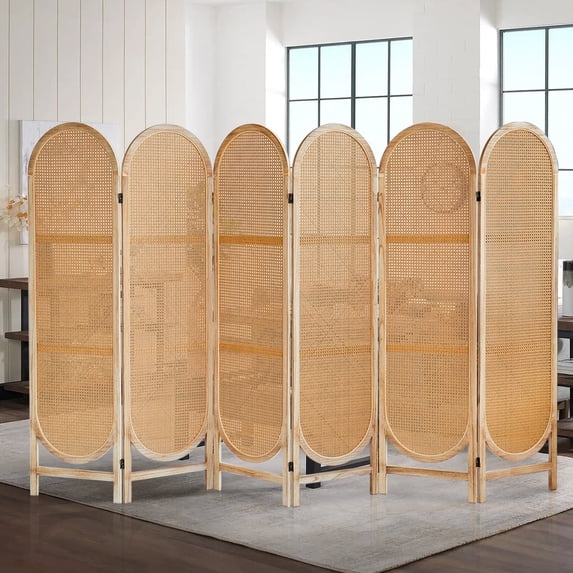 ALeesing 6 Panels Wood Rattan Room Divider, Folding Privacy Screens, No Installation, Light Brown