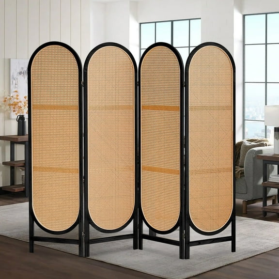 ALeesing 4 Panel Rattan Room Dividers, Folding Privacy Screens, No Installation Required, Black