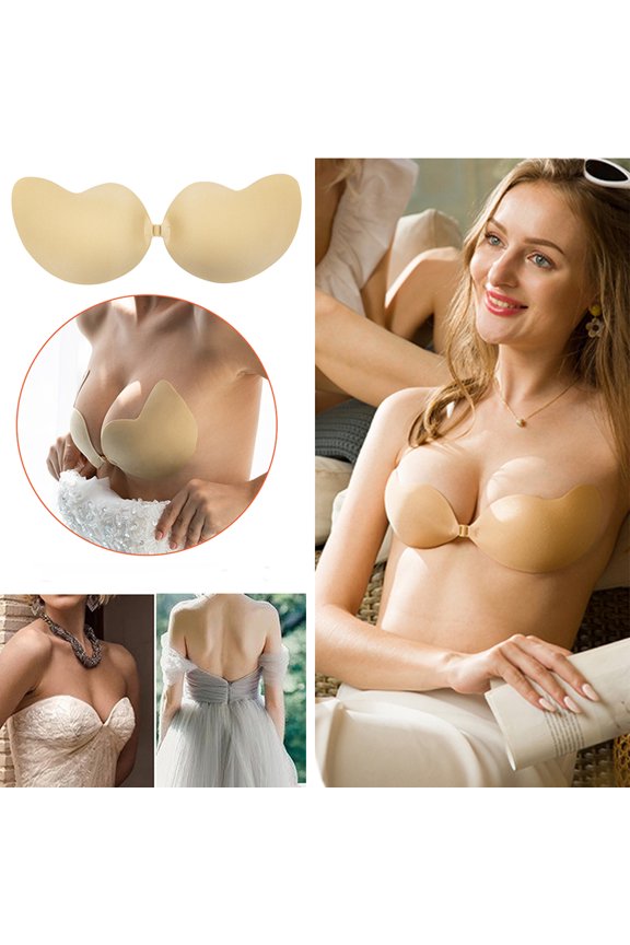 Women's Strapless Invisible Bra Backless Self-Adhesive Push Up Sticky Bras, Beige, D Cup