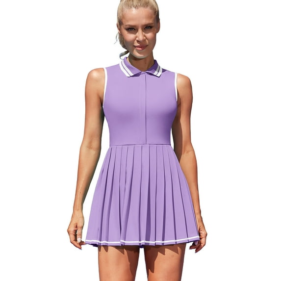 ALove Womens Tennis Outfit Academic Style Tennis Dresses Ribbed Polo Tennis Dress Half Zip Pleated Workout Dress with Built in Shorts and Bra