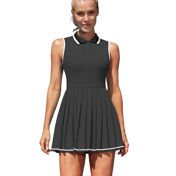 ALove Womens Tennis Outfit Academic Style Tennis Dresses Ribbed Polo Tennis Dress Half Zip Pleated Workout Dress with Built in Shorts and Bra