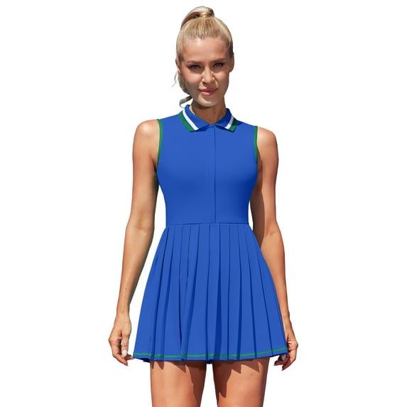 ALove Womens Tennis Outfit Academic Style Tennis Dresses Ribbed Polo Tennis Dress Half Zip Pleated Workout Dress with Built in Shorts and Bra