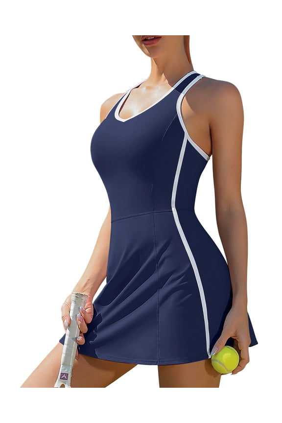 Womens Tennis Outfit Sports Dresses Contrasting Colors Golf Exercise Dresses with Shorts and Pockets and Bra V Neck Racerback Golf Activewear