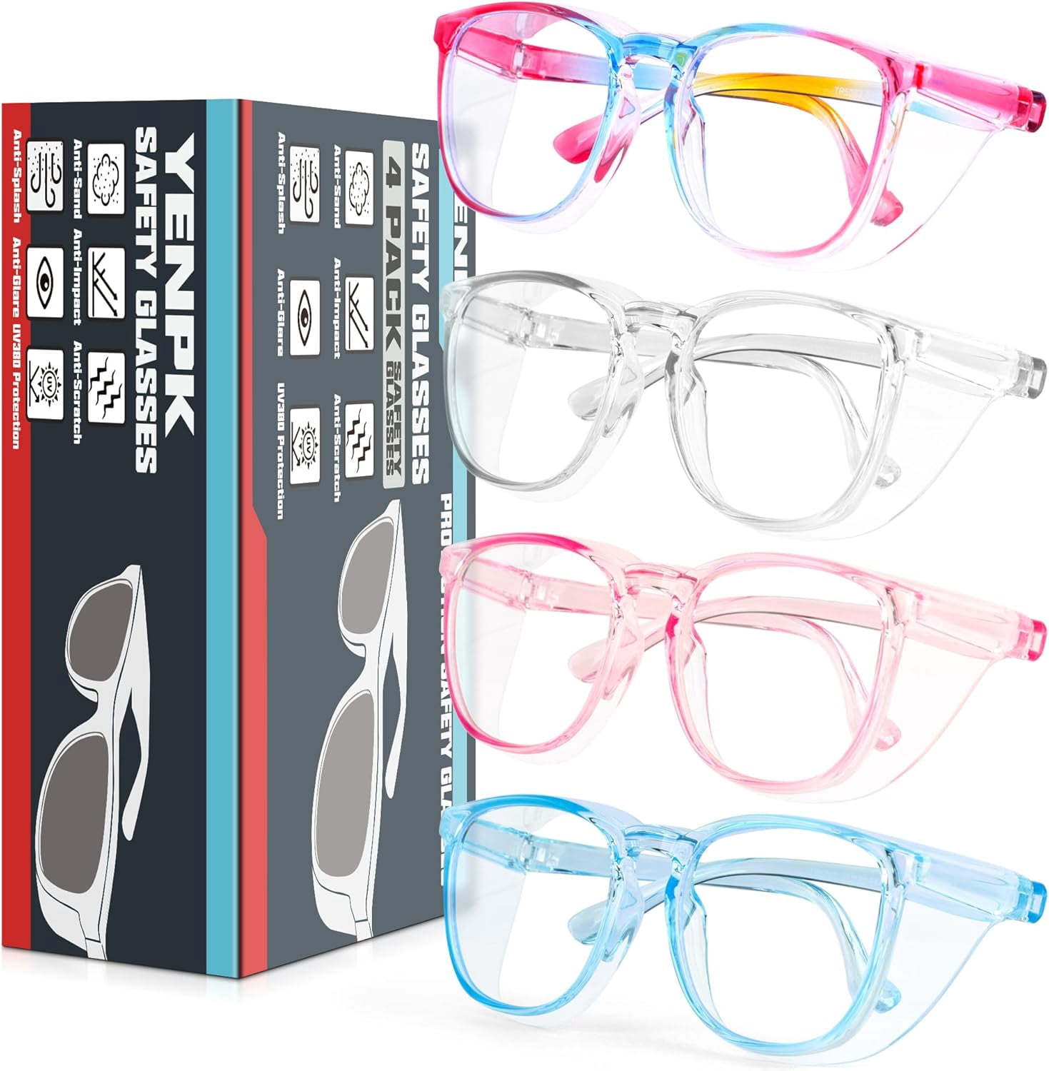 AM 4 Pack Safety Glasses Goggles For Women Anti Fog, Cute Protective Eyewear for Nurses, ANSI Z87+ Anti-Blue Light