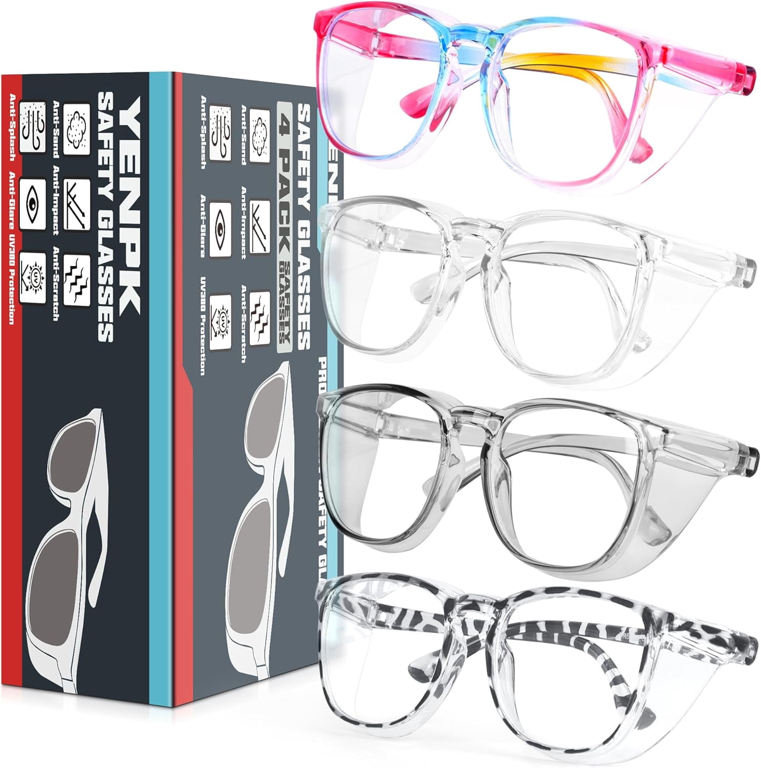 AM 4 Pack Safety Glasses Goggles For Women Anti Fog, Cute Protective Eyewear for Nurses, ANSI Z87+ Anti-Blue Light