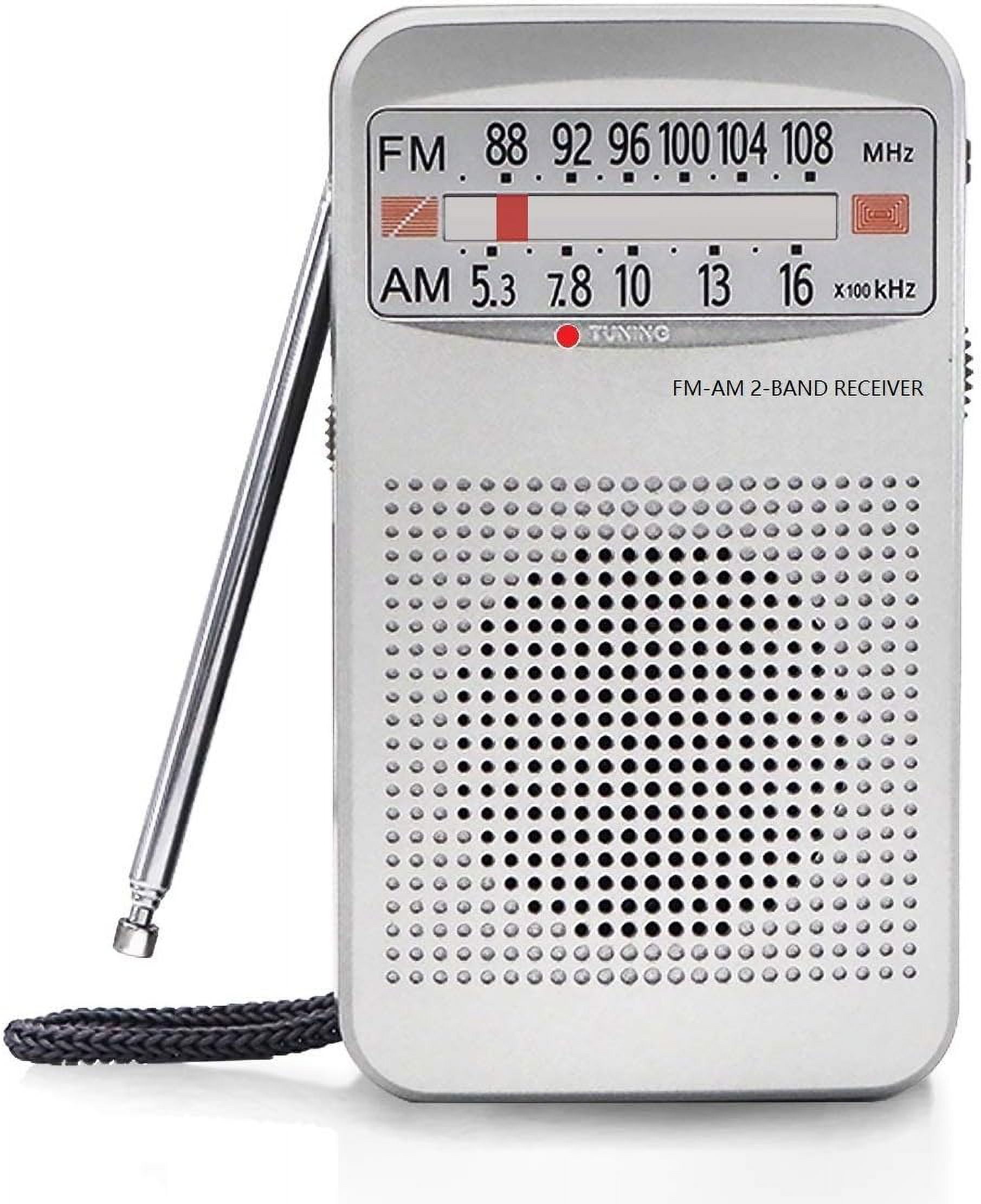 AM FM Portable Pocket Radio, Compact Transistor Radios - Best Reception,  Loud Speaker, Earphone Jack, Long Lasting, 2 AA Battery Operated (Silver)