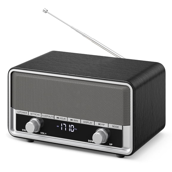 Retro AM FM Radio Plug in Wall, Digital Clock Radio for Bedroom with LCD Display| 40 Presets | Sleep Timer | No Alarm, Retro Bluetooth Speaker for Office,Great Gift Black