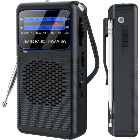 AM/FM/Shortwave 3 Band Portable Radio with Emergency LED Flashlight, Back Clip, Battery Operated, Earphone Jack for Camping, Home Emergency, Daily Use