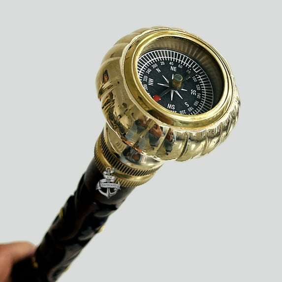 AM NAUTICALS Walking Stick Solid Brass Knob Compass Head Handle Wooden Walking Cane for Men and Women Canes