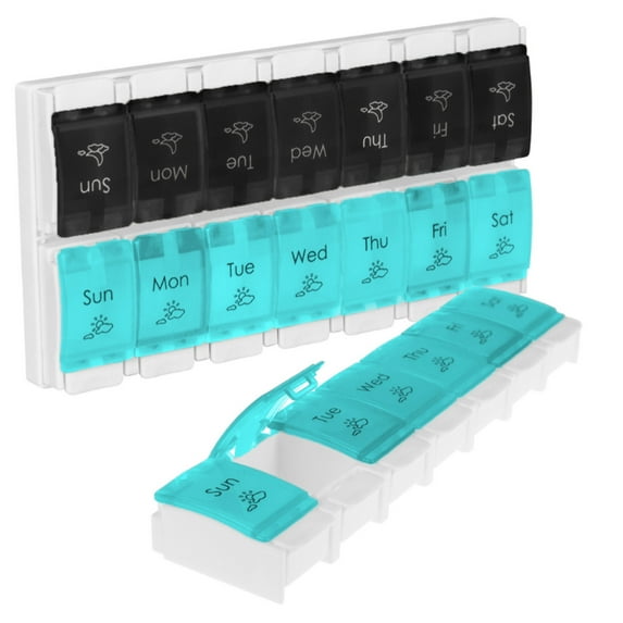 Vive Weekly Medication Organizer – Push-Button Pill Box with Removable AM/PM Trays, BPA-Free Travel Medicine & Vitamin Storage Case