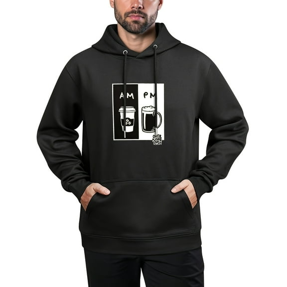 AM PM Print Men's Hoodie, Men's Casual Graphic Design Pullover Hooded Sweatshirt with Kangaroo Pocket Streetwear for Winter Fall