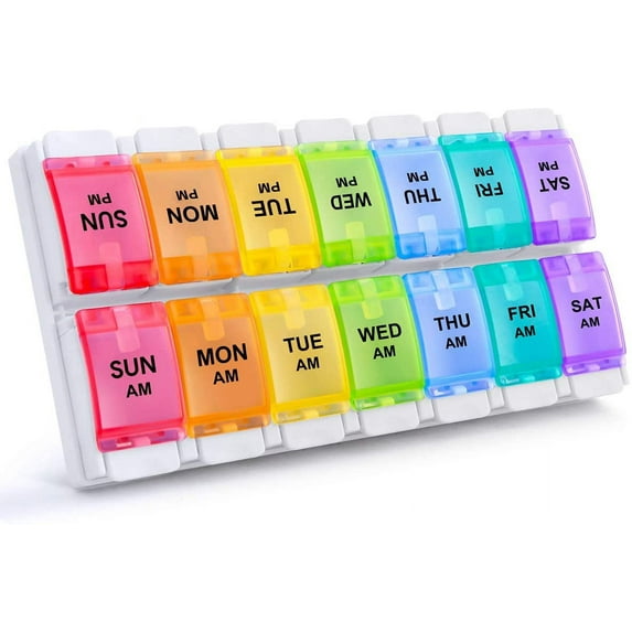 AM PM Weekly 7 Day Pill Organizer, Large Daily Pill Cases Pill Box with Easy Push Button Design for Pills/Vitamin/Fish Oil/Supplements (Rainbow)