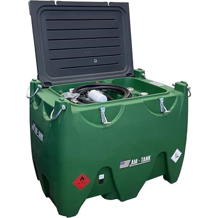 AM-TANK 155-Gallon Diesel Portable Tank with 12V Pump, Water and Particulate Filter, 26ft Flexible Hose, and Automatic Shut-off Nozzle
