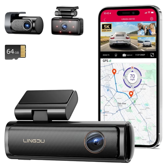 Lingdu Dash Cam AM100-3CH 4K Dual Front and Rear 3 Channel 5GHz WiFi 64GB SD Card GPS 1 Pack