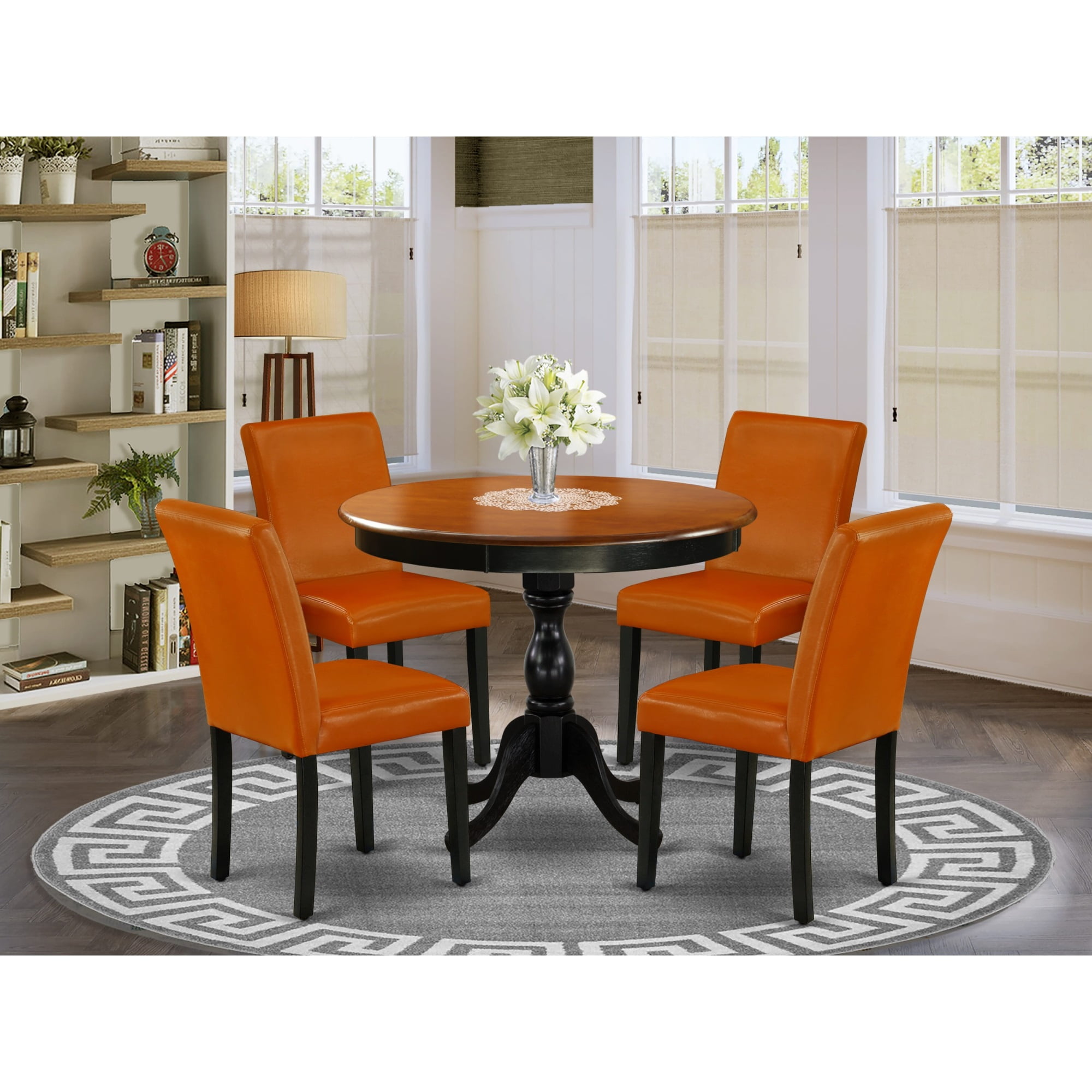 Cherry Round Dining Table with 4 Baked Bean PU Leather Chairs